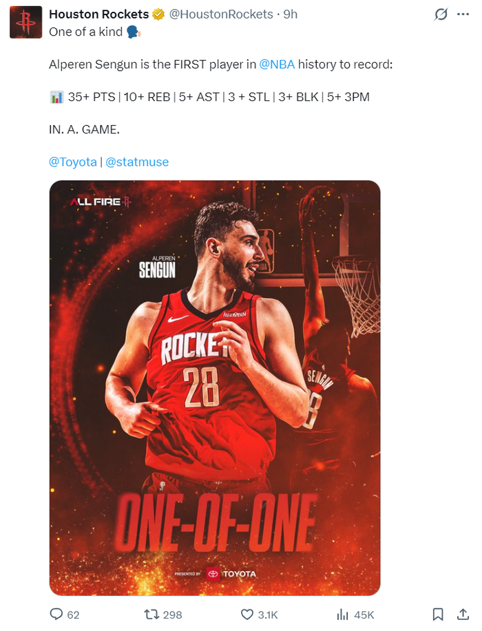 申京单场36+13+7+3断3帽创多项纪录 火箭队追平西